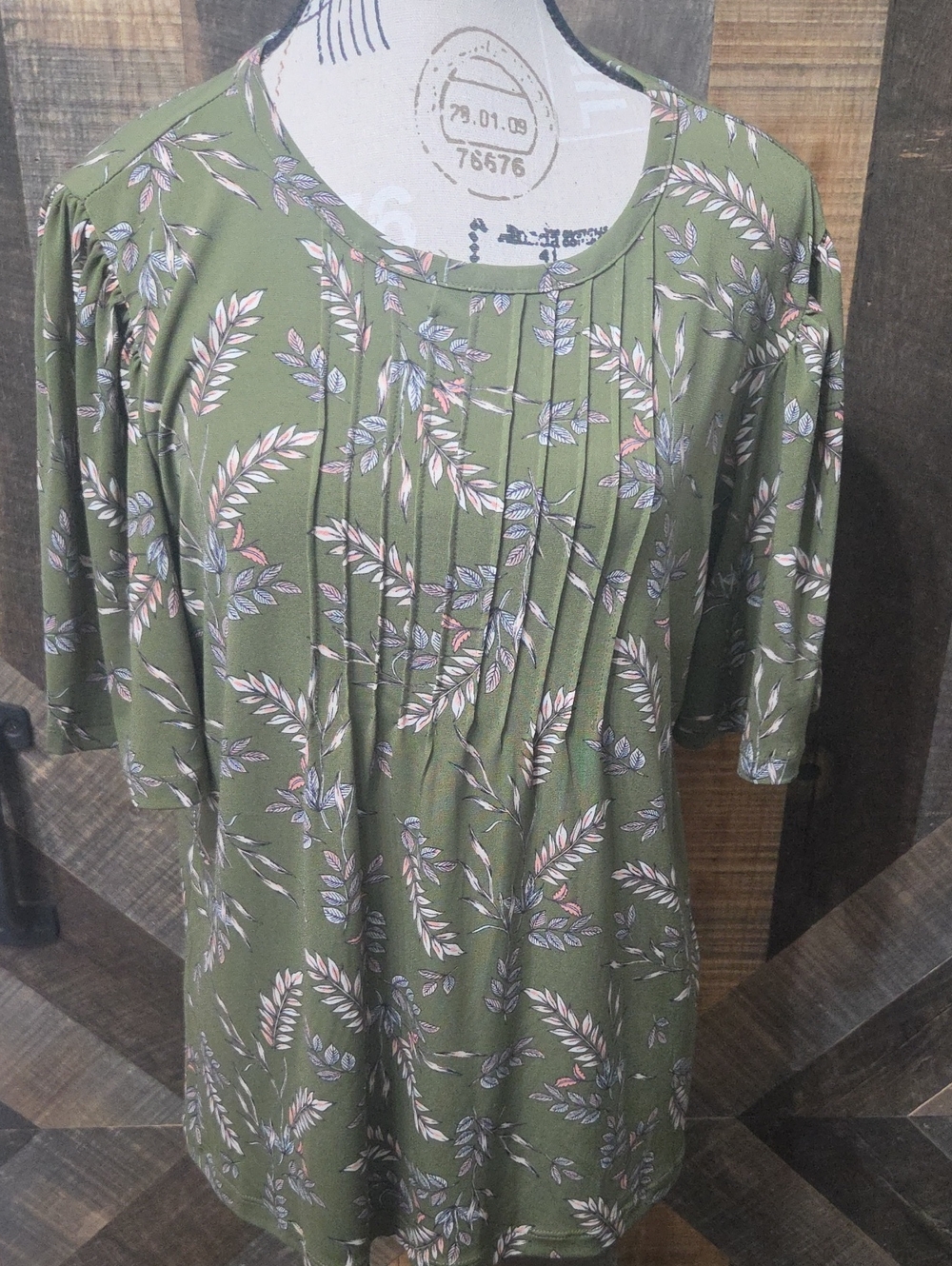 Woman's Olive Green Floral Pleated Top